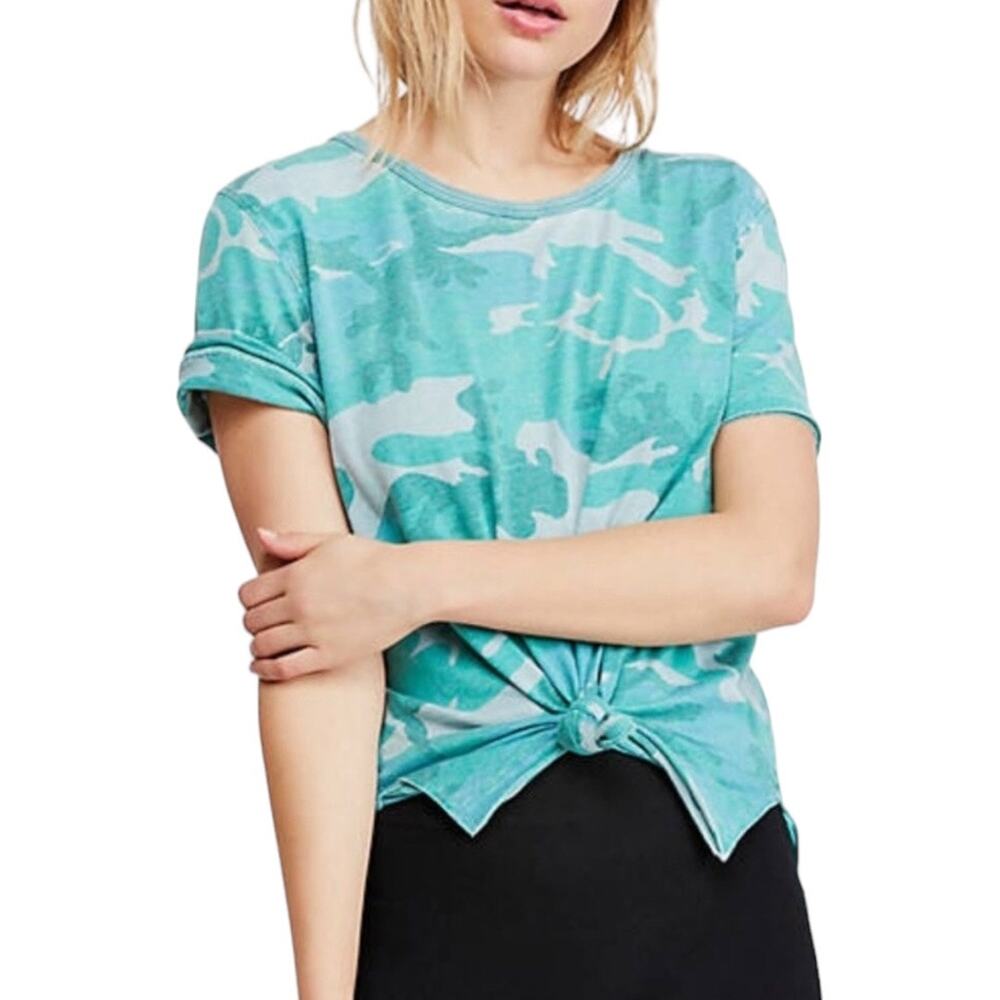 Free People Tourist Tee Camo Print XS Green Soft Short Sleeve Oversized Casual